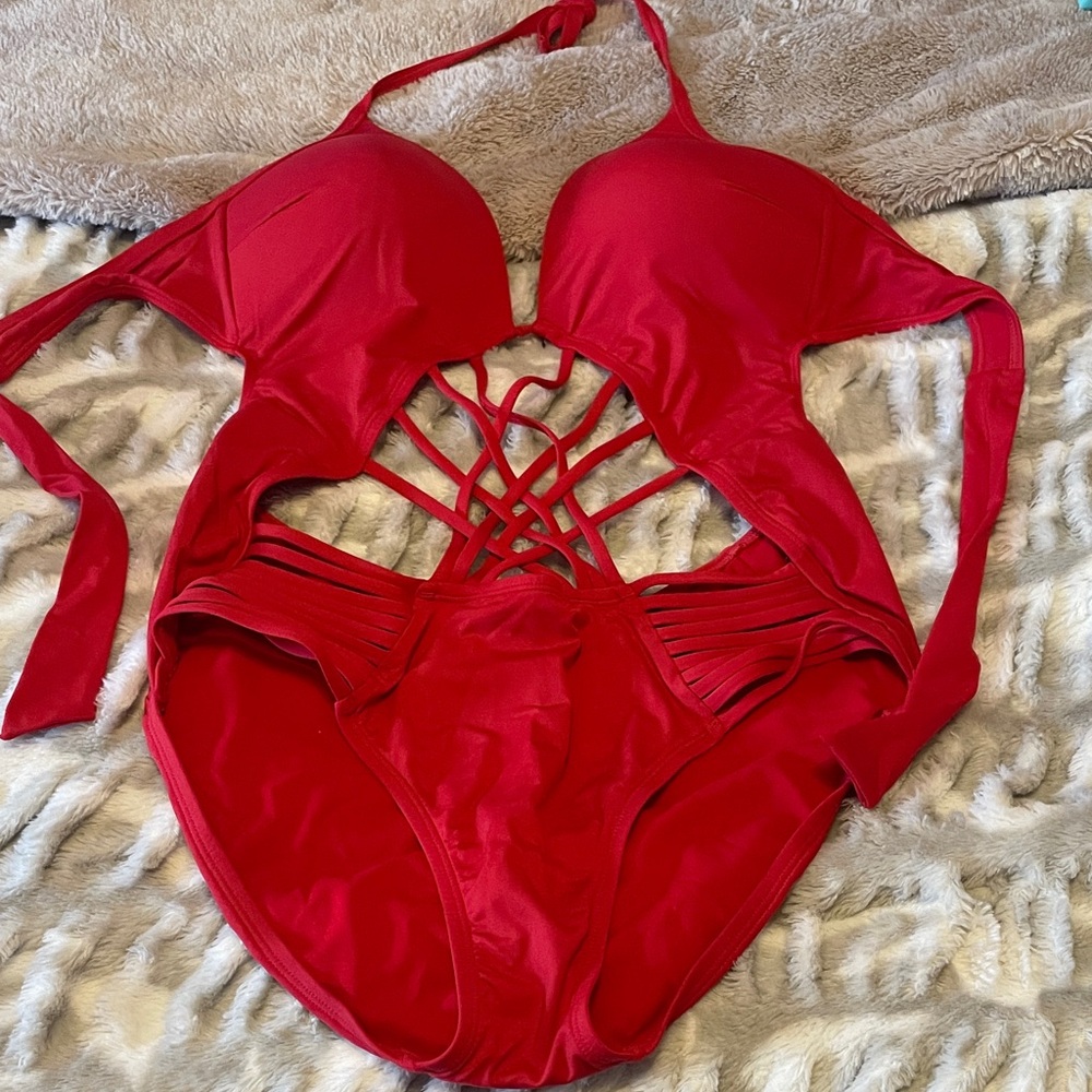 Kenneth Cole Red Strappy Lattice One-Piece Swimsuit